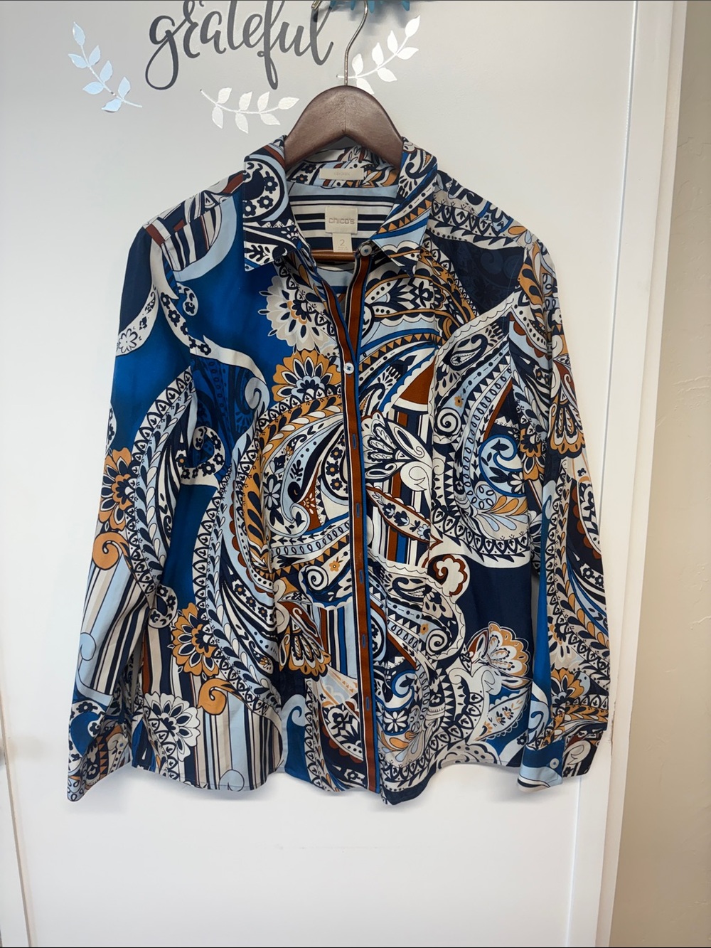 Chico's Blue Paisley Zip Jacket with Tan Accents